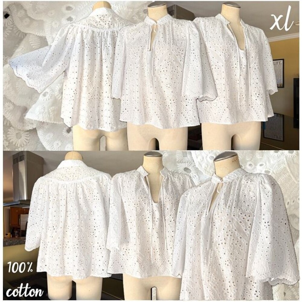 H&M White Eyelet Cotton Peasant Top with Tie Neck